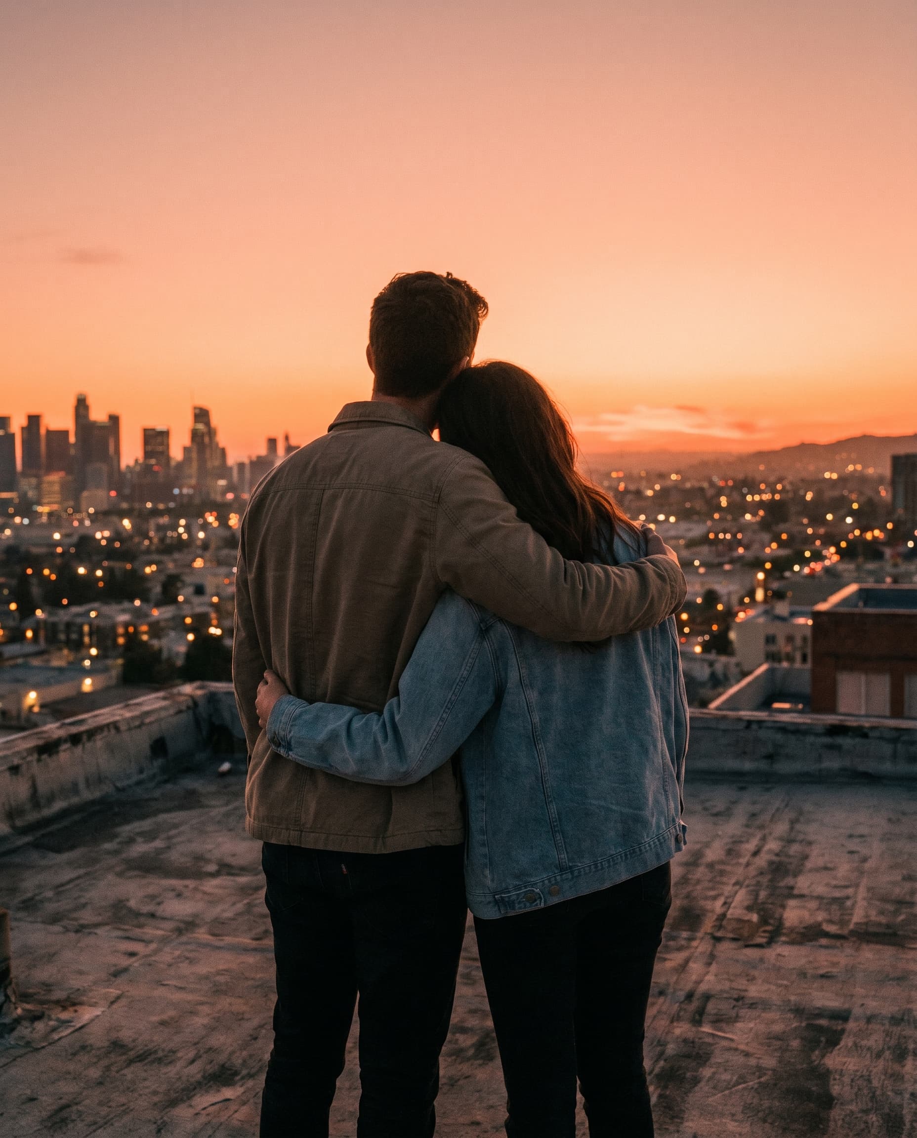 A back view of two people embracing on a city rooftop at sunset.